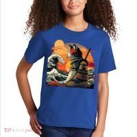 Japanese Retro Samurai Cat The Great Wave By Hokusai Kids T-Shirt thumb 2