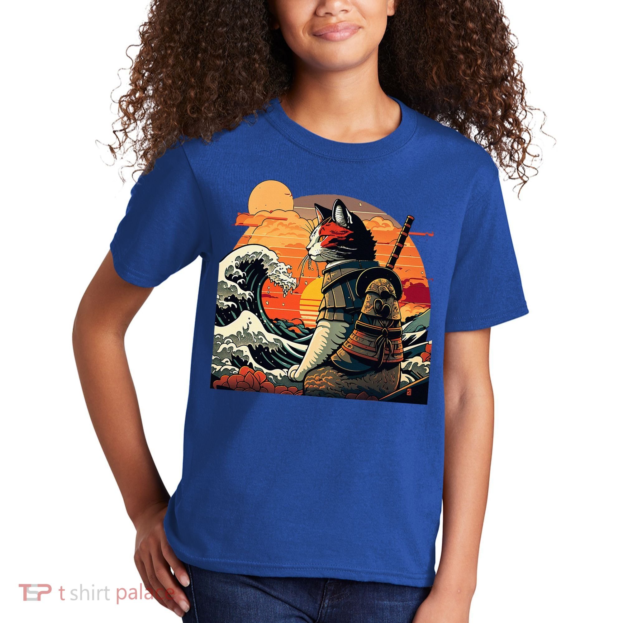 Japanese Retro Samurai Cat The Great Wave By Hokusai Kids T-Shirt