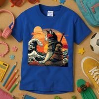 Japanese Retro Samurai Cat The Great Wave By Hokusai Kids T-Shirt thumb 3