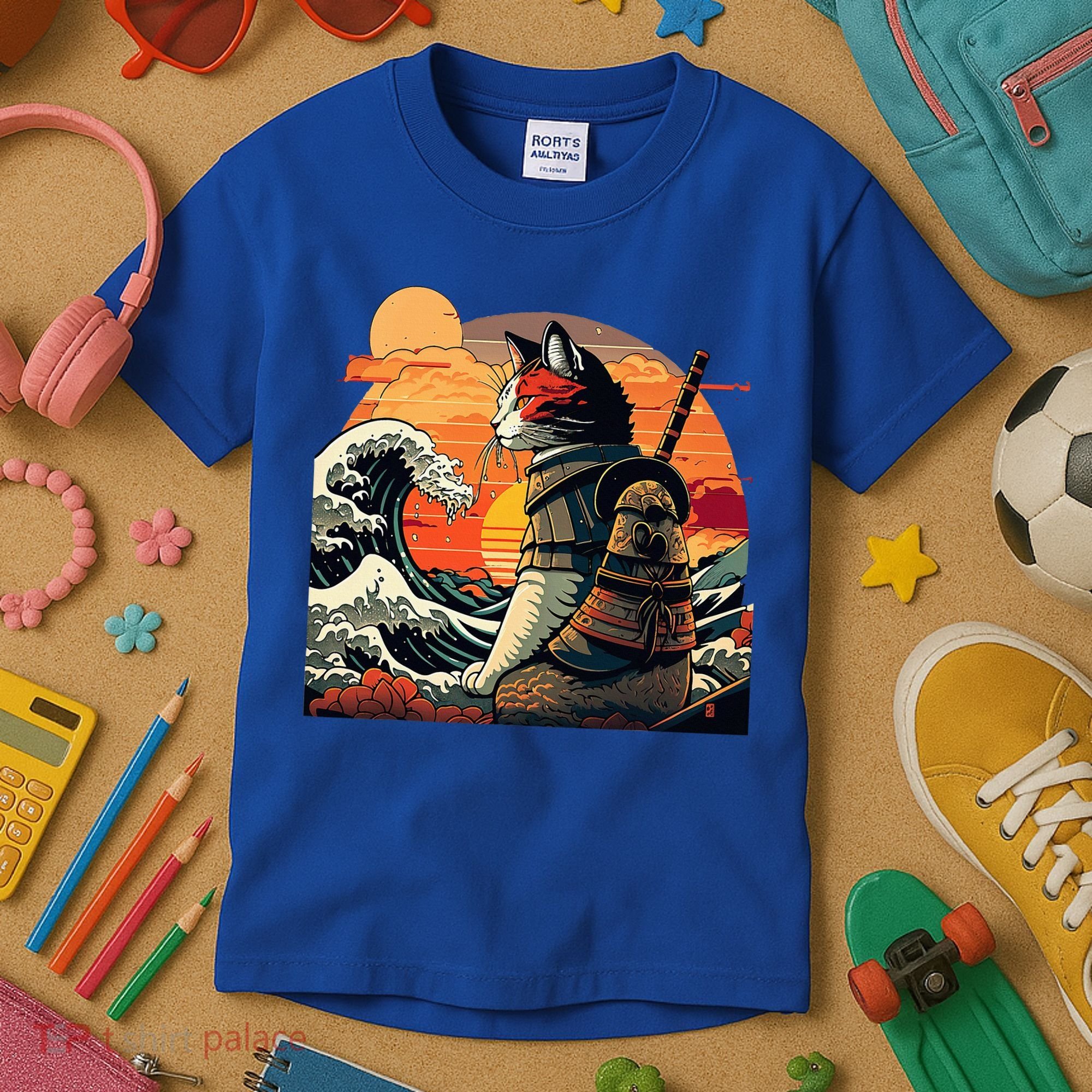 Japanese Retro Samurai Cat The Great Wave By Hokusai Kids T-Shirt