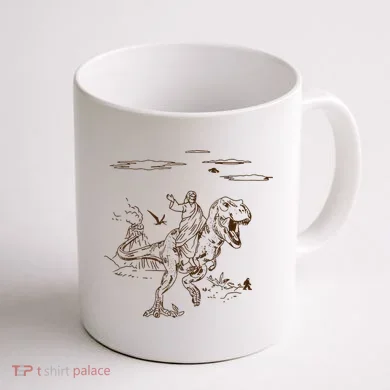 Jesus Riding TRex Dinosaur Coffee Mug back