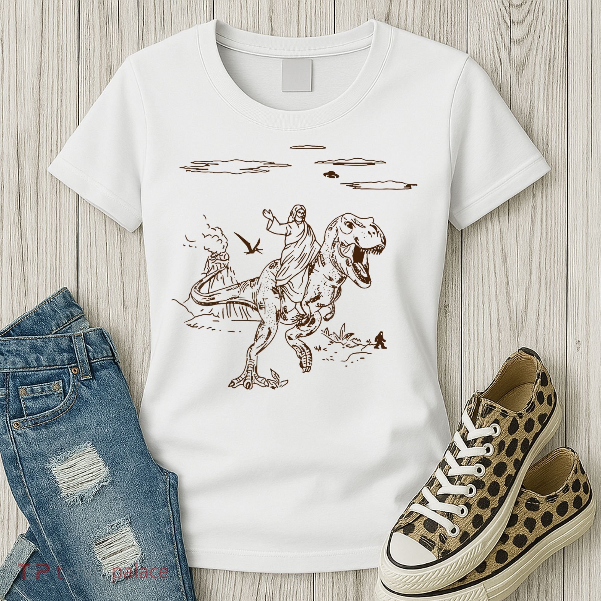 Jesus Riding TRex Dinosaur Women's T-Shirt