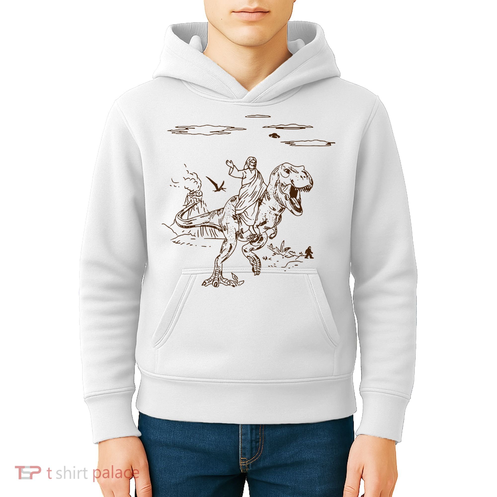 Jesus Riding TRex Dinosaur Kids Hoodie