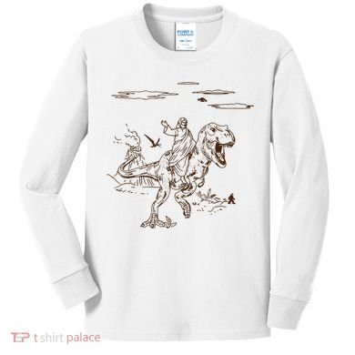 Jesus Riding TRex Dinosaur Kids Long Sleeve Shirt