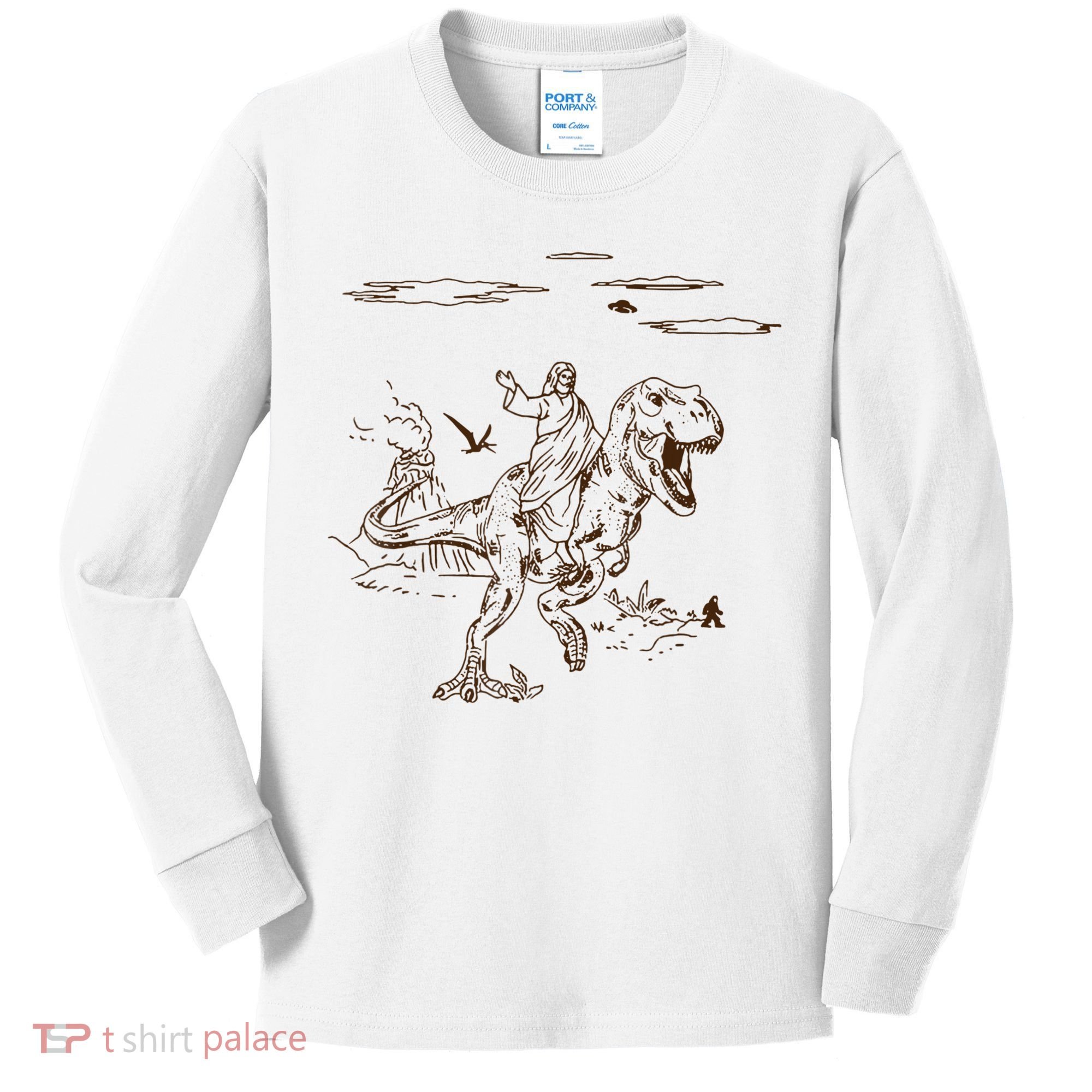 Jesus Riding TRex Dinosaur Kids Long Sleeve Shirt