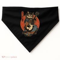 Japanese Samurai Cat Playing The Electric Guitar Japanese Samurai Guitar Players USA-Made Doggie Bandana thumb 0