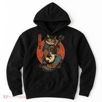 Japanese Samurai Cat Playing The Electric Guitar Japanese Samurai Guitar Players Hoodie thumb 0