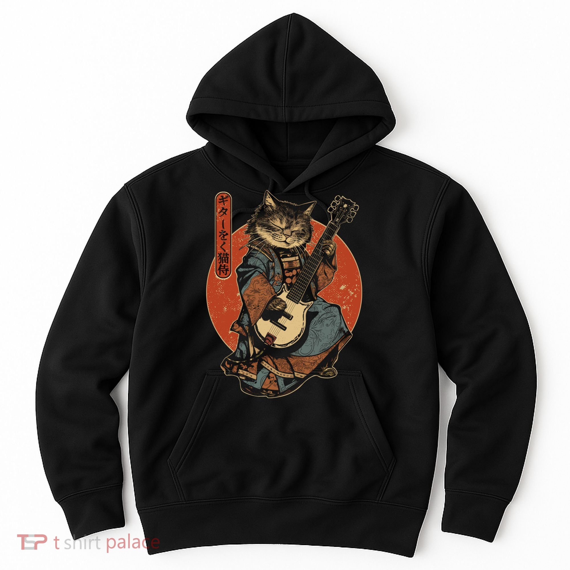 Japanese Samurai Cat Playing The Electric Guitar Japanese Samurai Guitar Players Hoodie