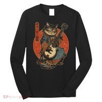 Japanese Samurai Cat Playing The Electric Guitar Japanese Samurai Guitar Players Long Sleeve Shirt thumb 0