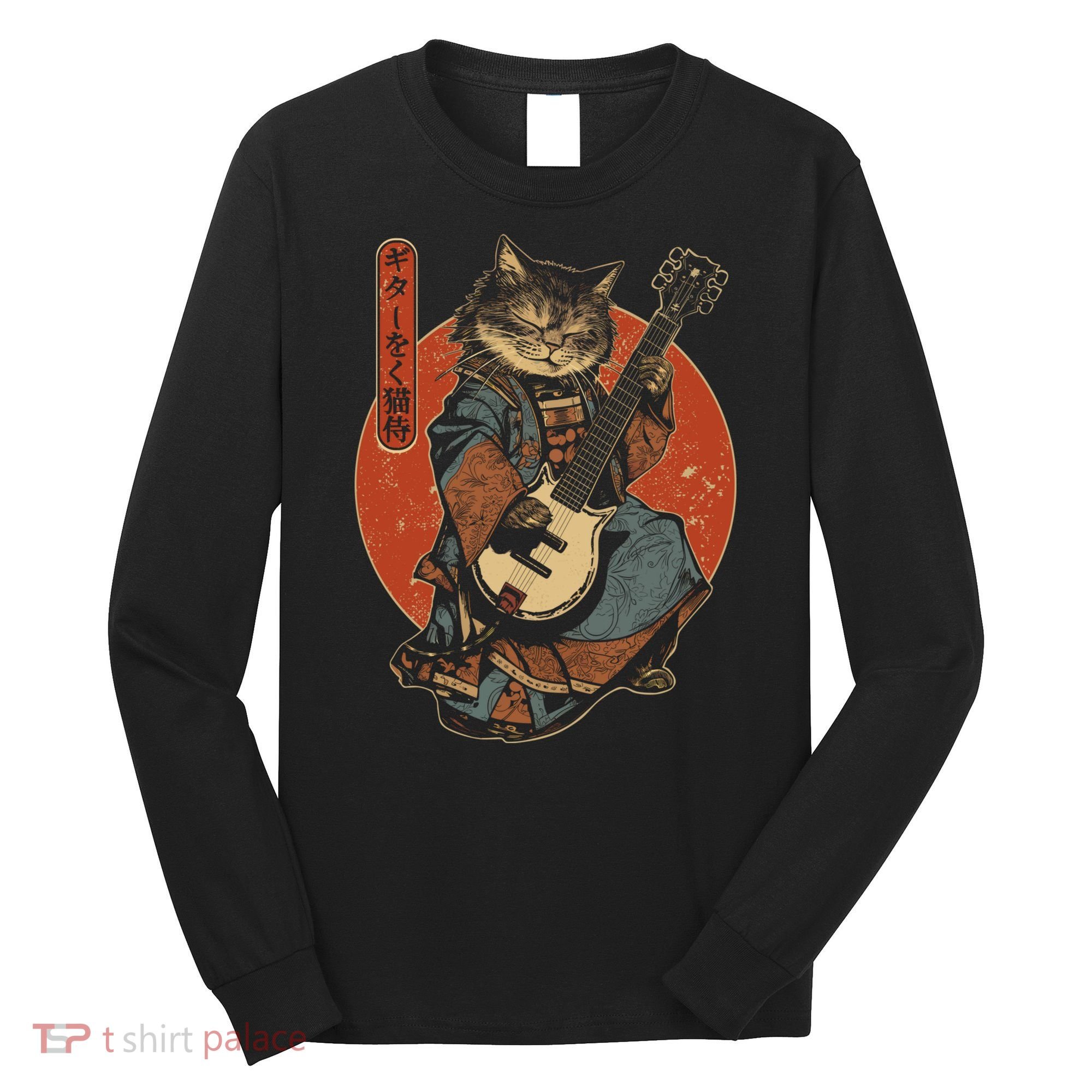 Japanese Samurai Cat Playing The Electric Guitar Japanese Samurai Guitar Players Long Sleeve Shirt