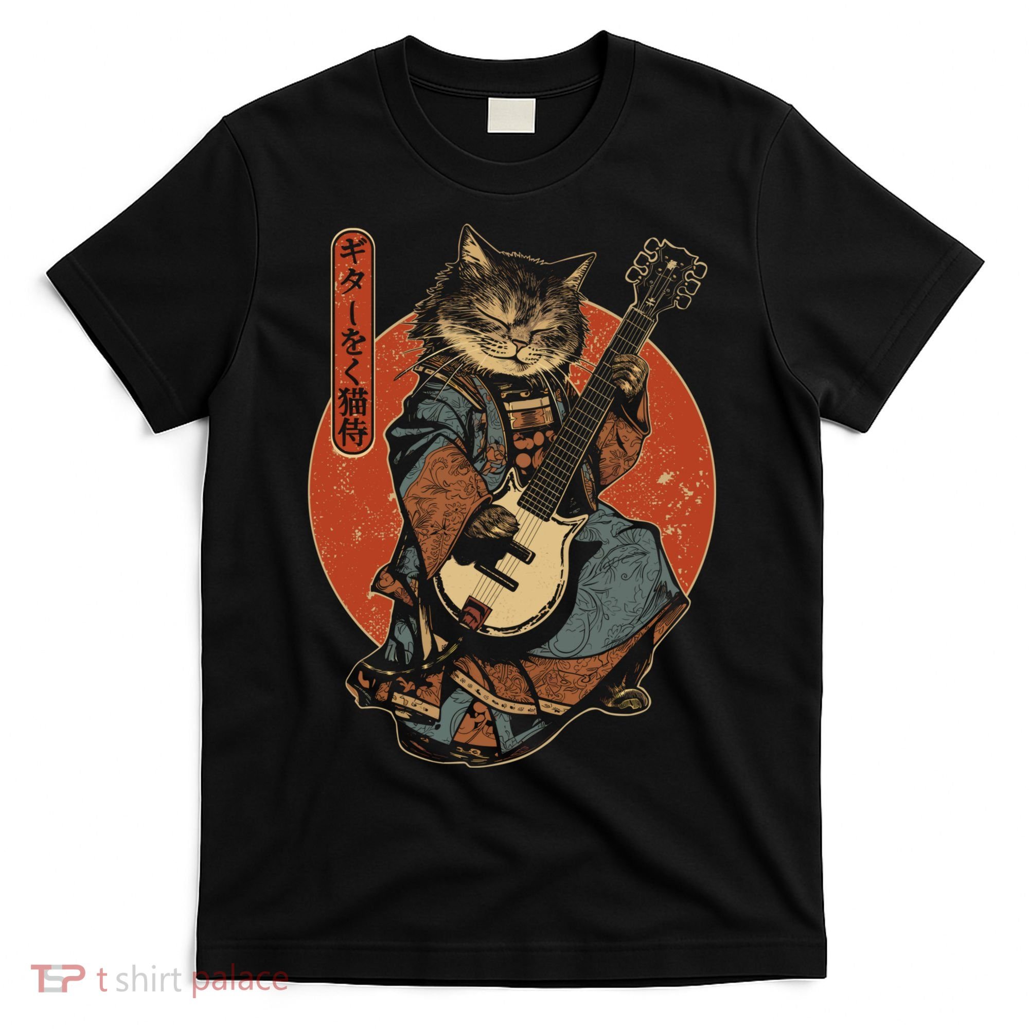 Japanese Samurai Cat Playing The Electric Guitar Japanese Samurai Guitar Players T-Shirt