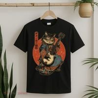 Japanese Samurai Cat Playing The Electric Guitar Japanese Samurai Guitar Players T-Shirt thumb 2