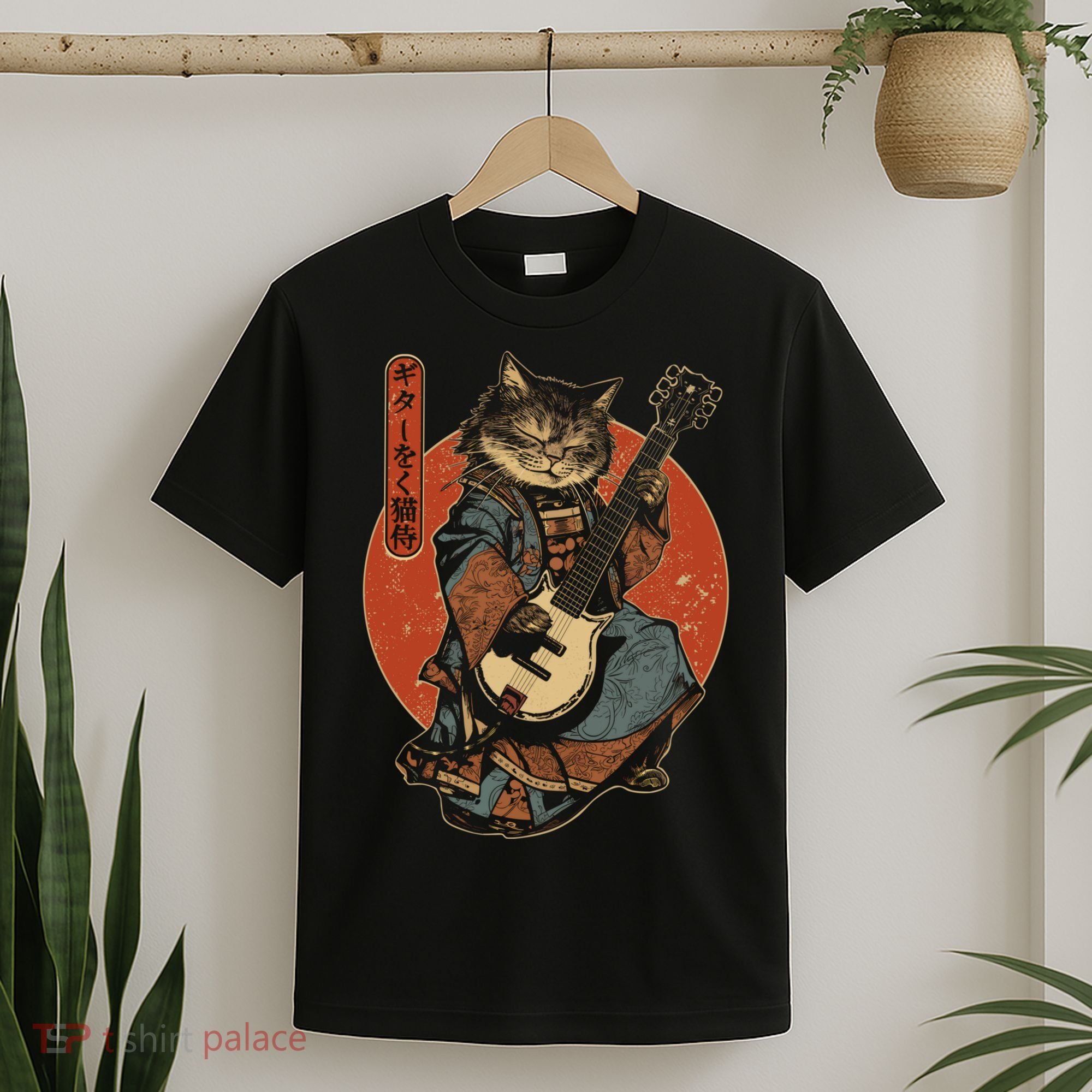 Japanese Samurai Cat Playing The Electric Guitar Japanese Samurai Guitar Players T-Shirt