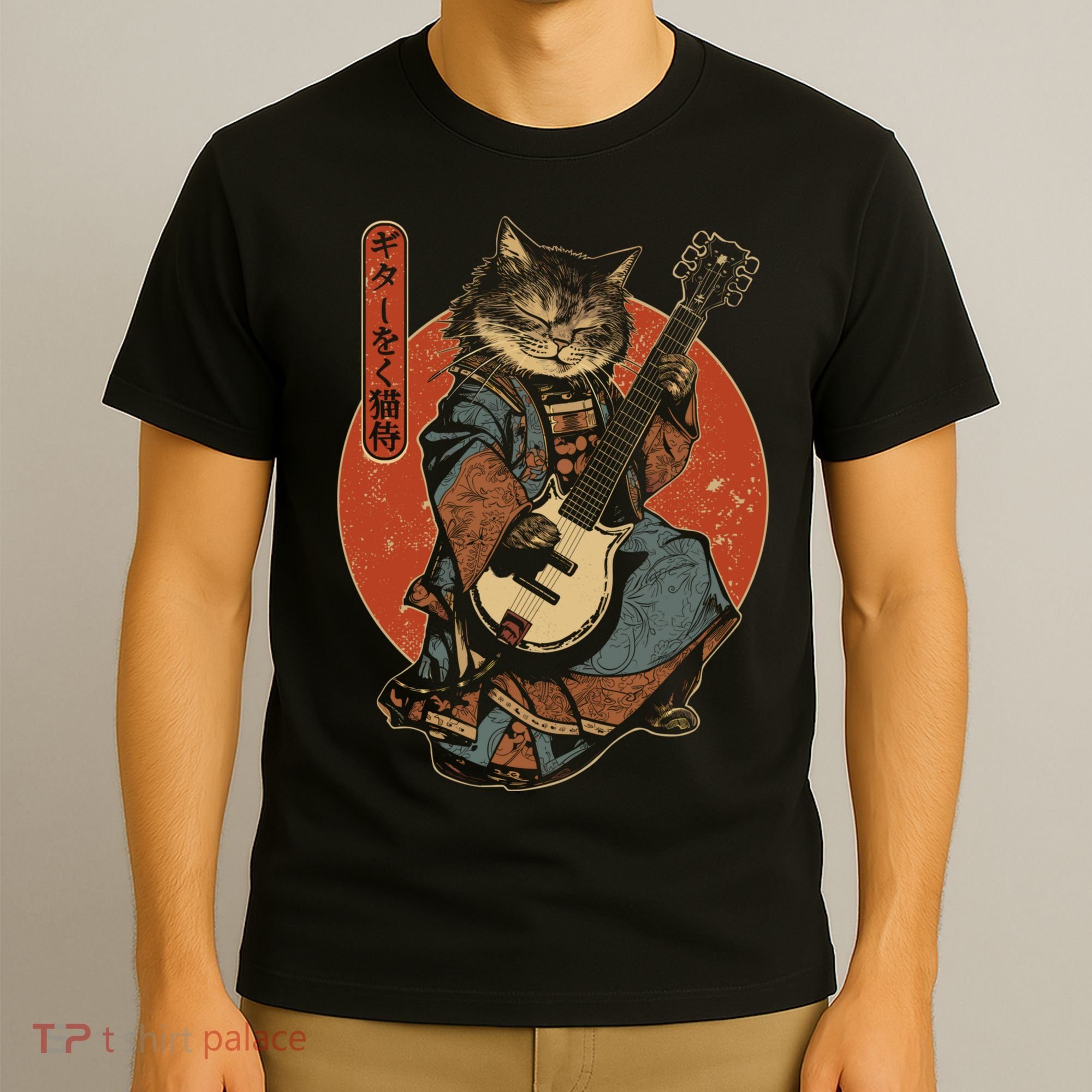 Japanese Samurai Cat Playing The Electric Guitar Japanese Samurai Guitar Players T-Shirt