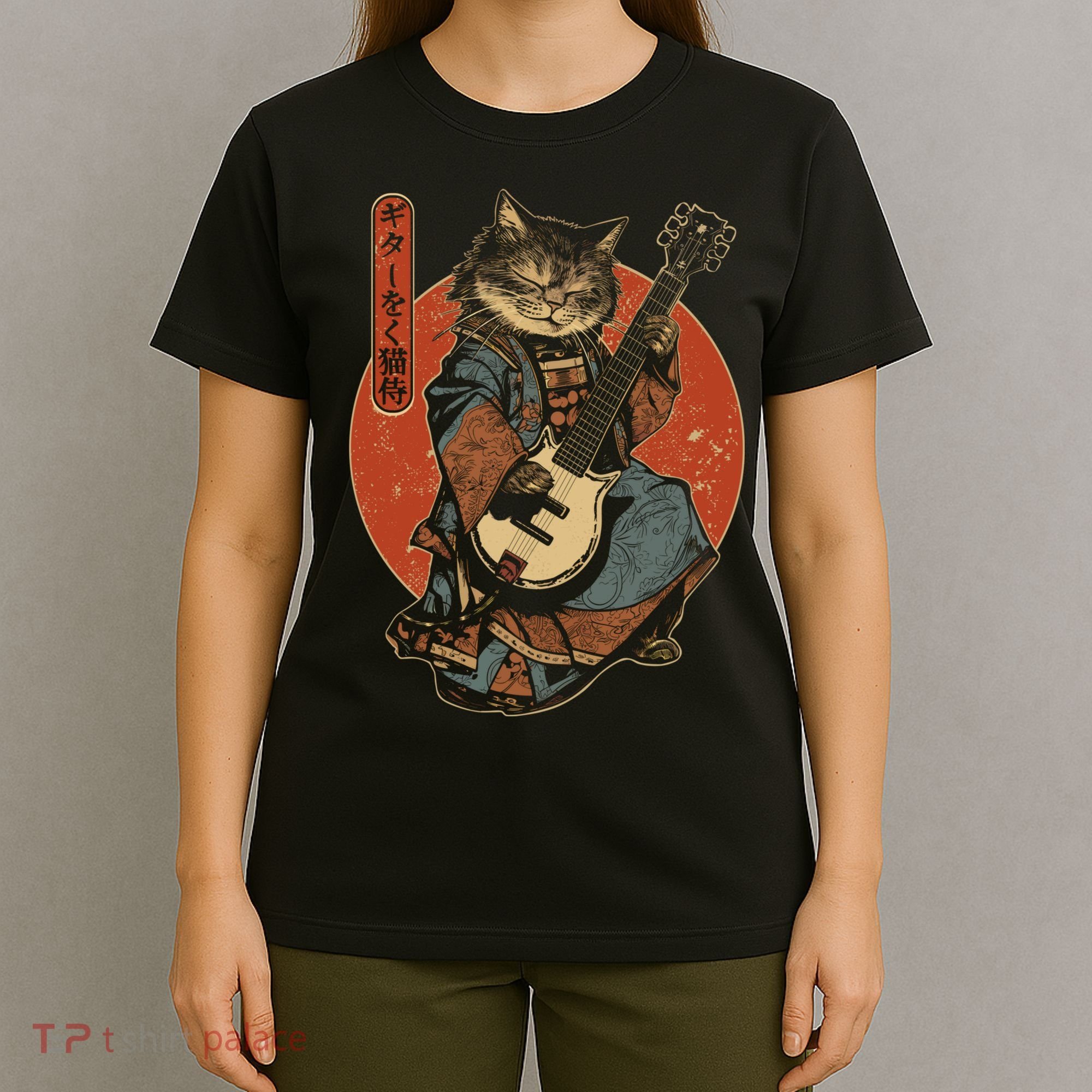 Japanese Samurai Cat Playing The Electric Guitar Japanese Samurai Guitar Players T-Shirt