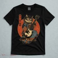 Japanese Samurai Cat Playing The Electric Guitar Japanese Samurai Guitar Players T-Shirt thumb 5