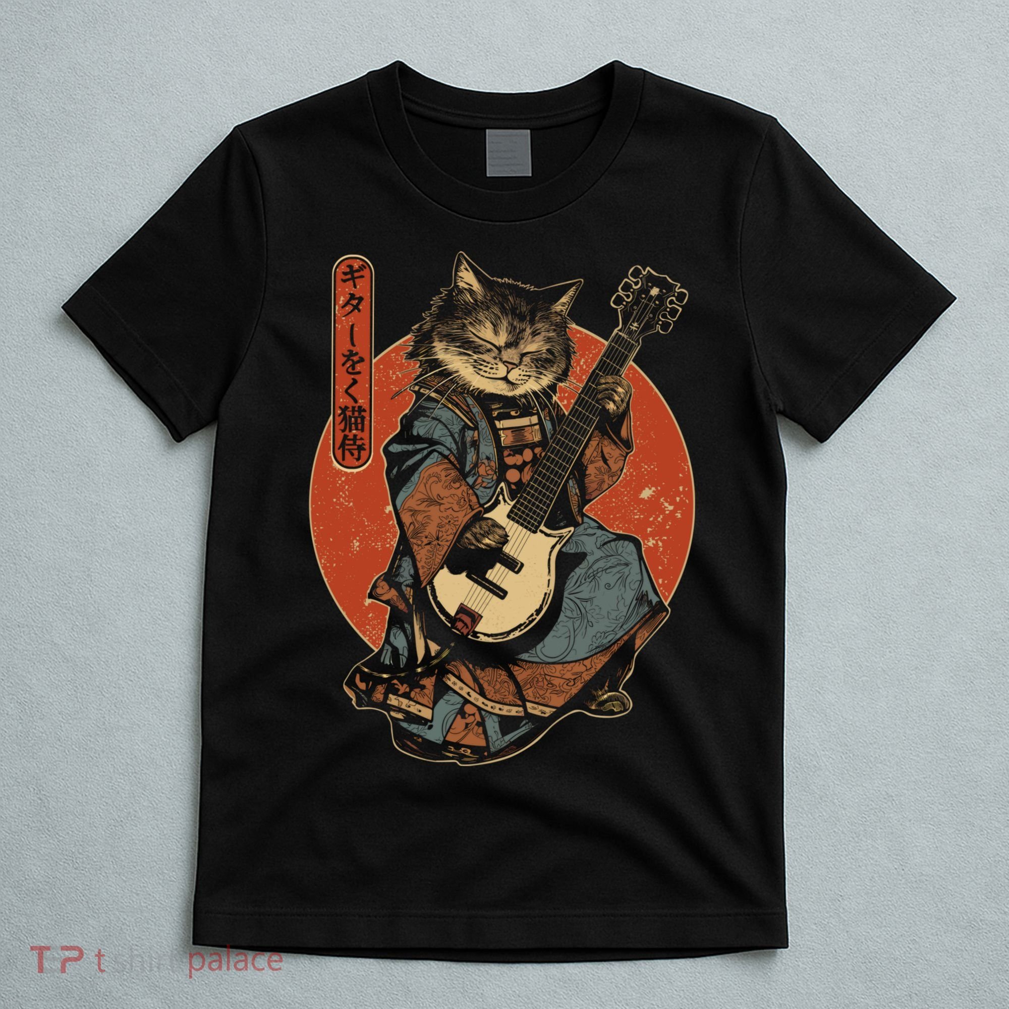 Japanese Samurai Cat Playing The Electric Guitar Japanese Samurai Guitar Players T-Shirt