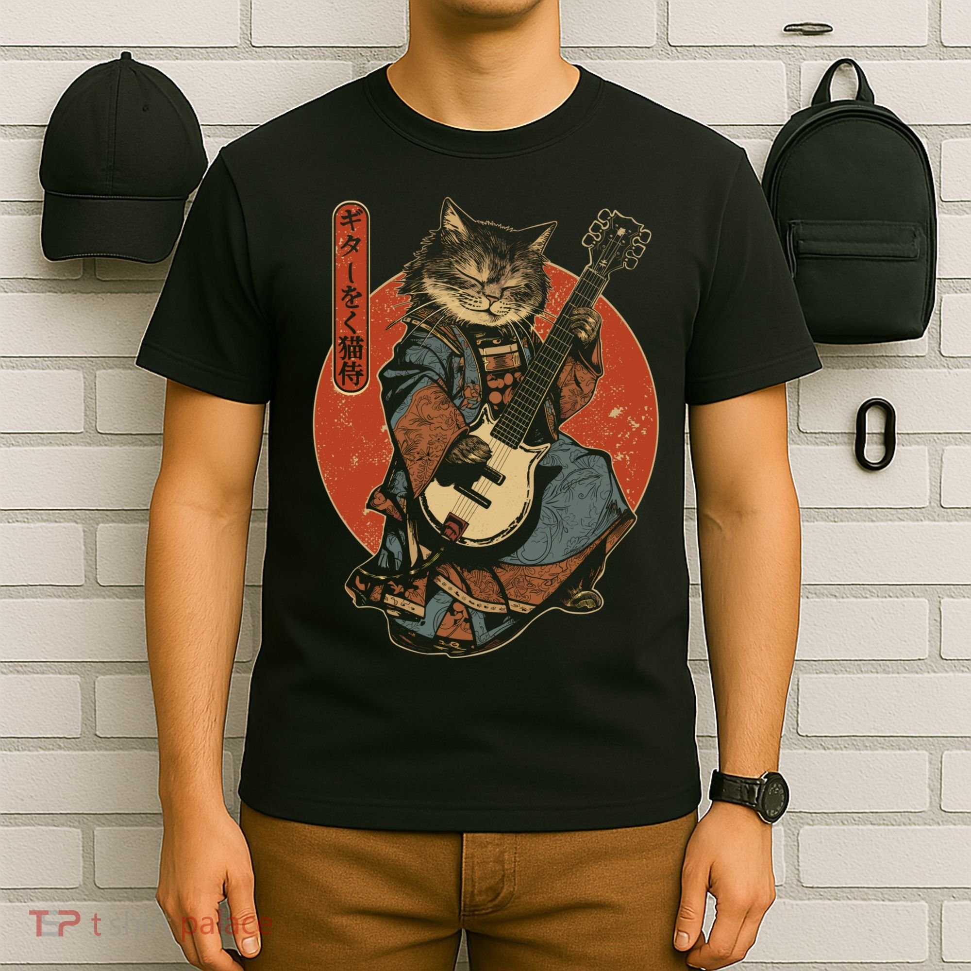 Japanese Samurai Cat Playing The Electric Guitar Japanese Samurai Guitar Players T-Shirt