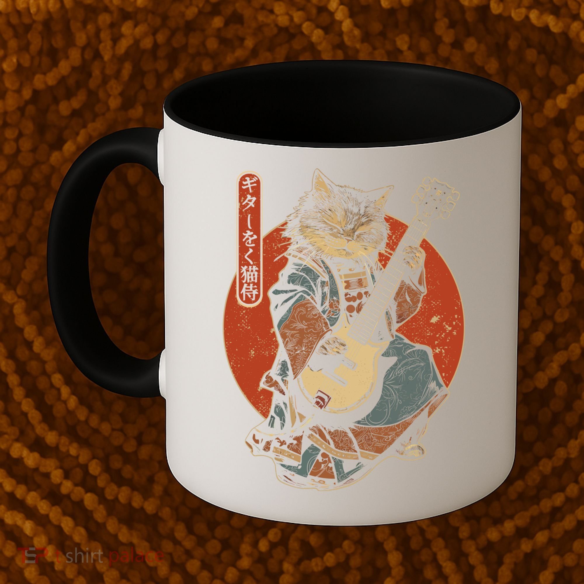 Japanese Samurai Cat Playing The Electric Guitar Japanese Samurai Guitar Players Coffee Mug