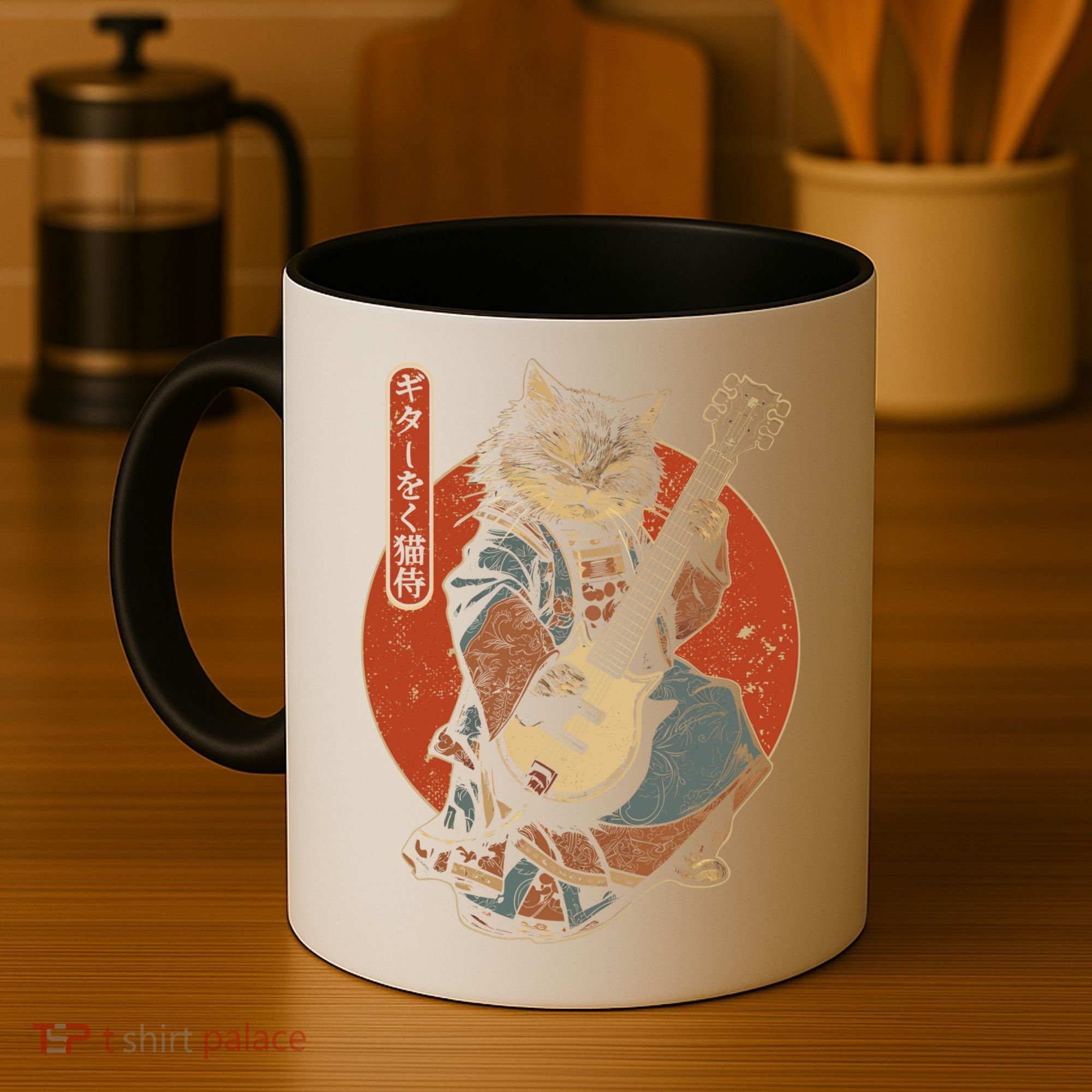 Japanese Samurai Cat Playing The Electric Guitar Japanese Samurai Guitar Players Coffee Mug