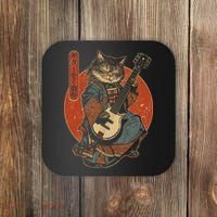 Japanese Samurai Cat Playing The Electric Guitar Japanese Samurai Guitar Players Coaster thumb 0