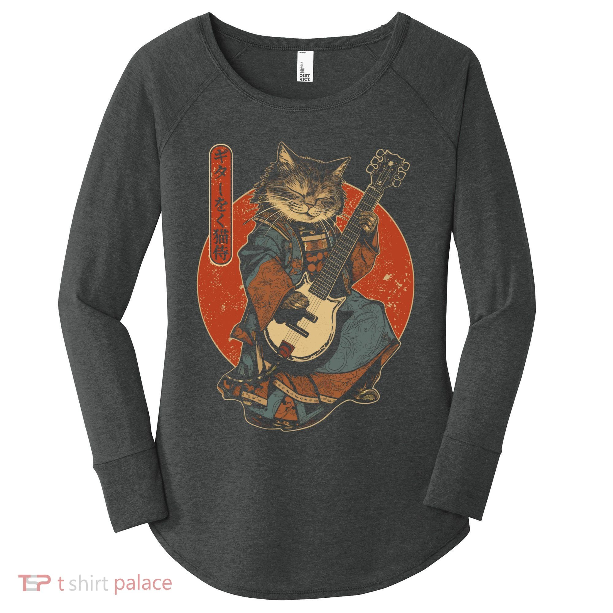 Japanese Samurai Cat Playing The Electric Guitar Japanese Samurai Guitar Players Women's Perfect Tri Tunic Long Sleeve Shirt