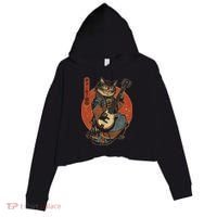 Japanese Samurai Cat Playing The Electric Guitar Japanese Samurai Guitar Players Crop Fleece Hoodie thumb 0