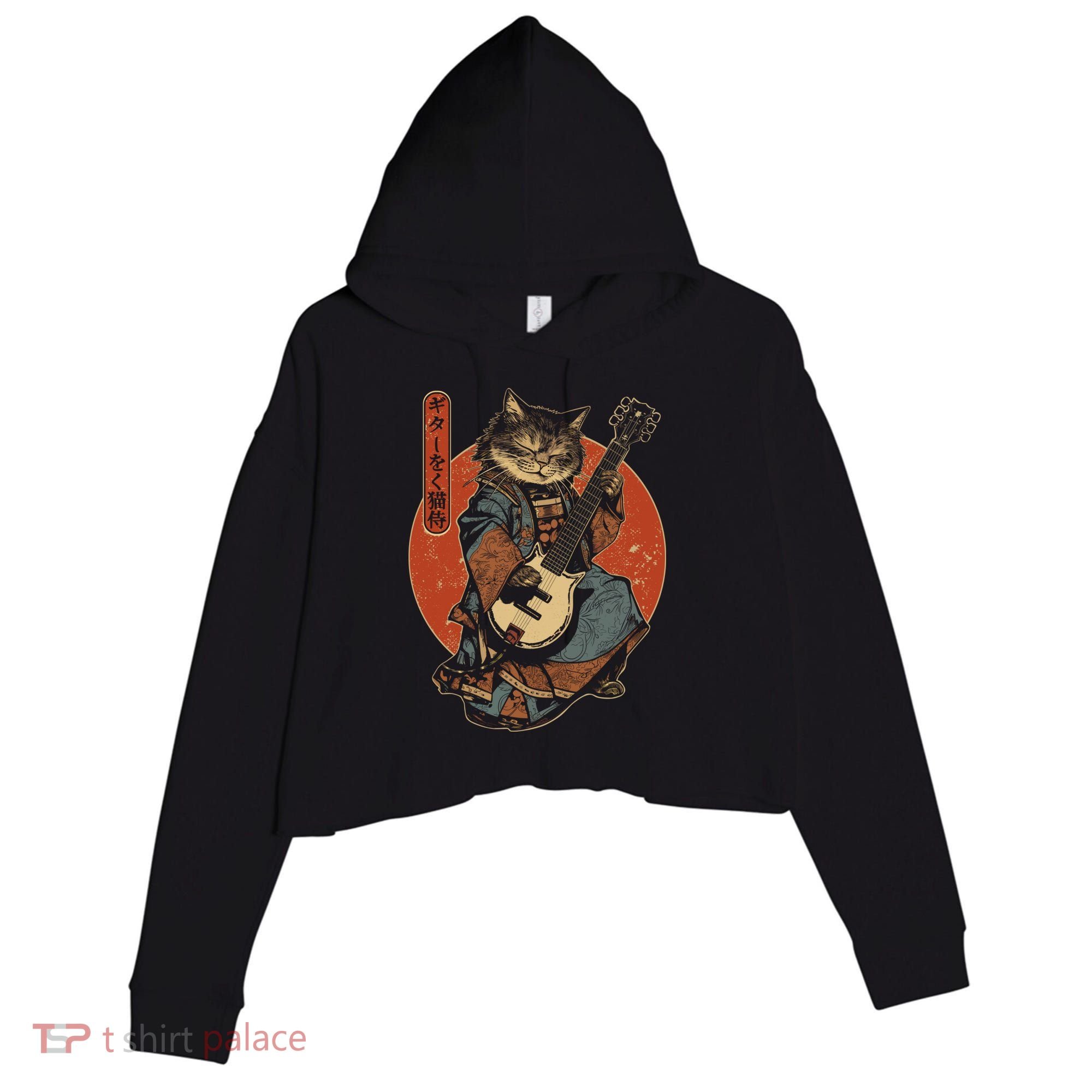Japanese Samurai Cat Playing The Electric Guitar Japanese Samurai Guitar Players Crop Fleece Hoodie