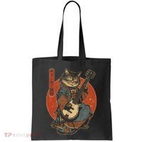 Japanese Samurai Cat Playing The Electric Guitar Japanese Samurai Guitar Players Tote Bag thumb 0