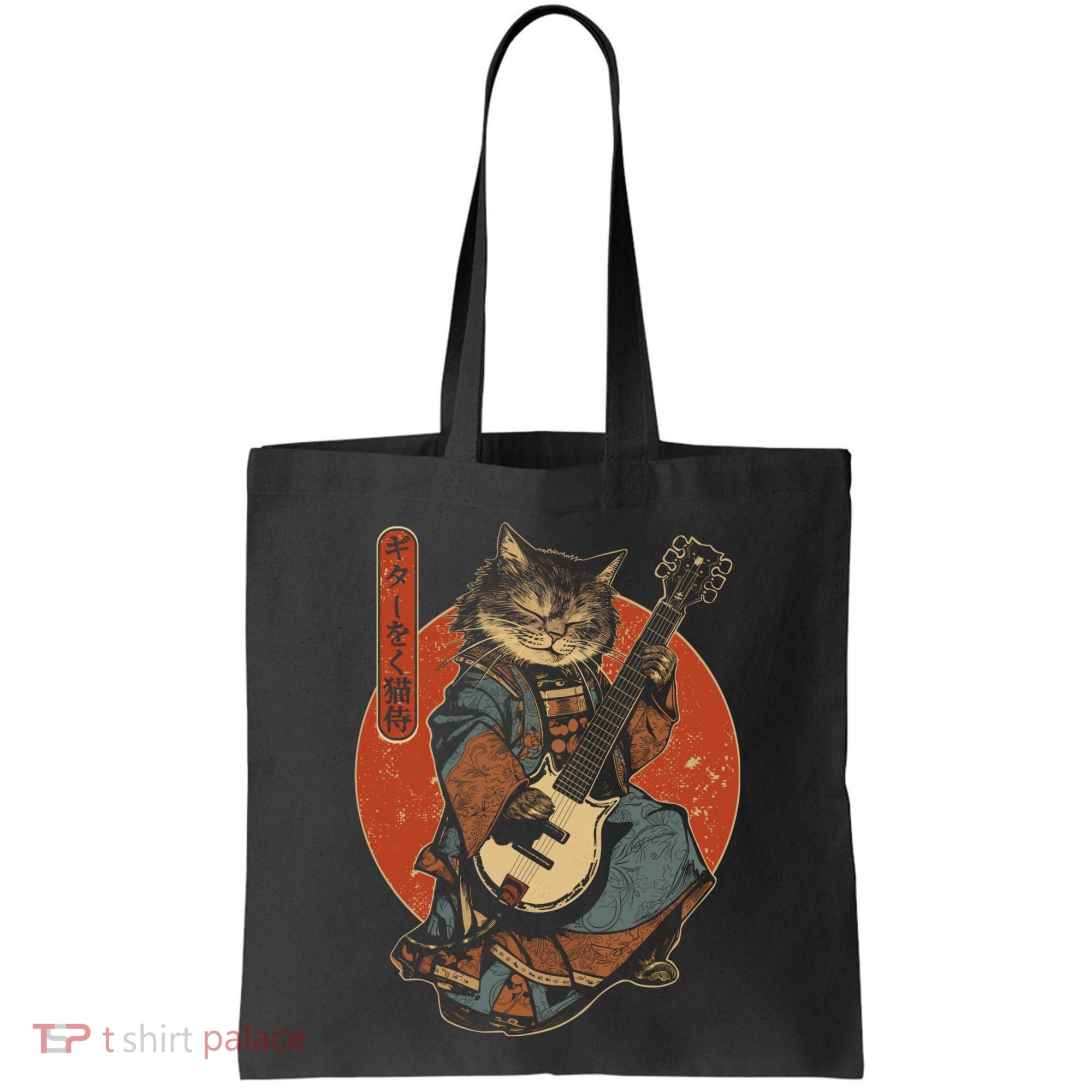 Japanese Samurai Cat Playing The Electric Guitar Japanese Samurai Guitar Players Tote Bag