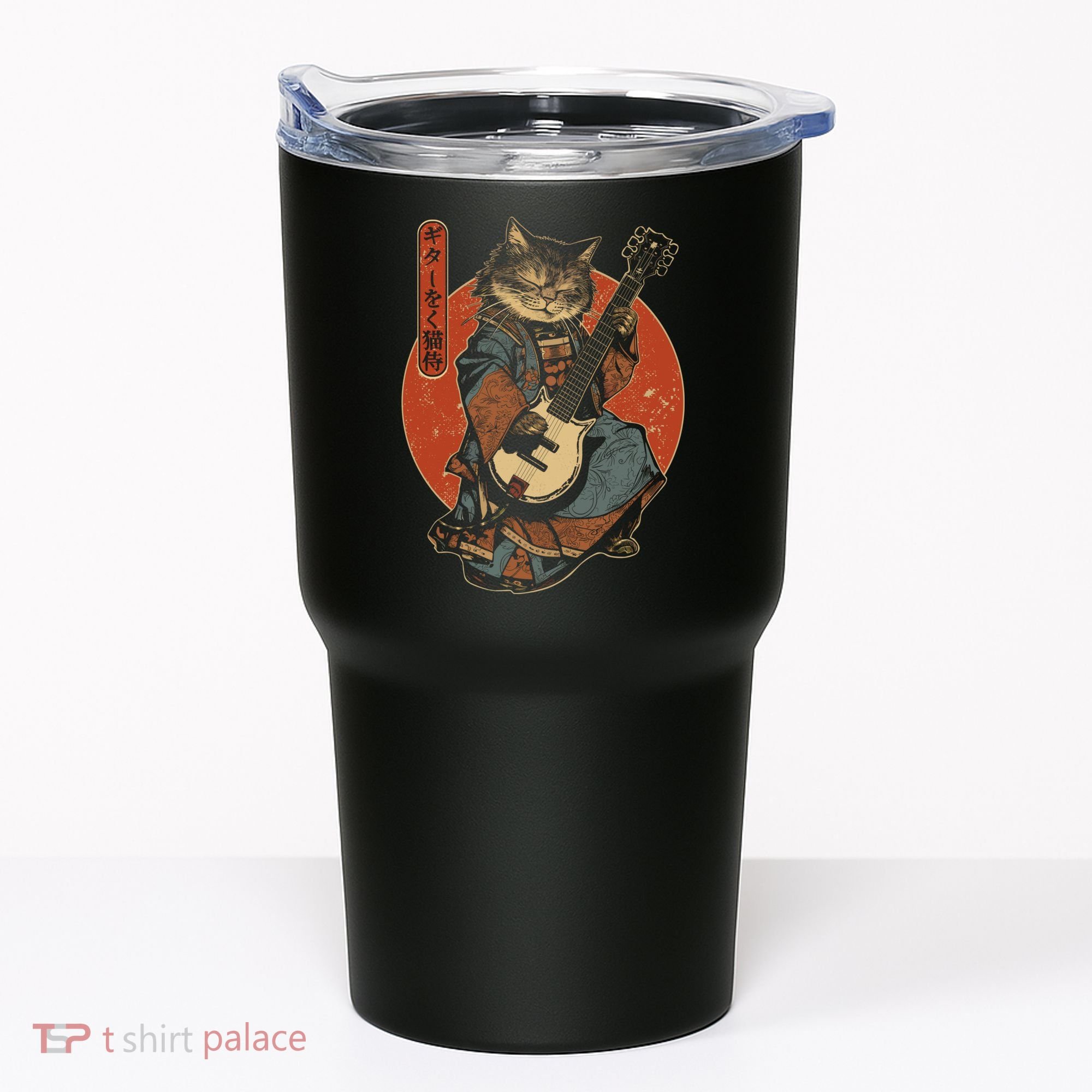 Japanese Samurai Cat Playing The Electric Guitar Japanese Samurai Guitar Players Tumbler