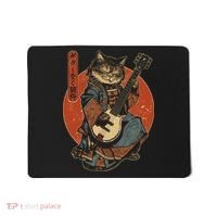 Japanese Samurai Cat Playing The Electric Guitar Japanese Samurai Guitar Players Mousepad thumb 0