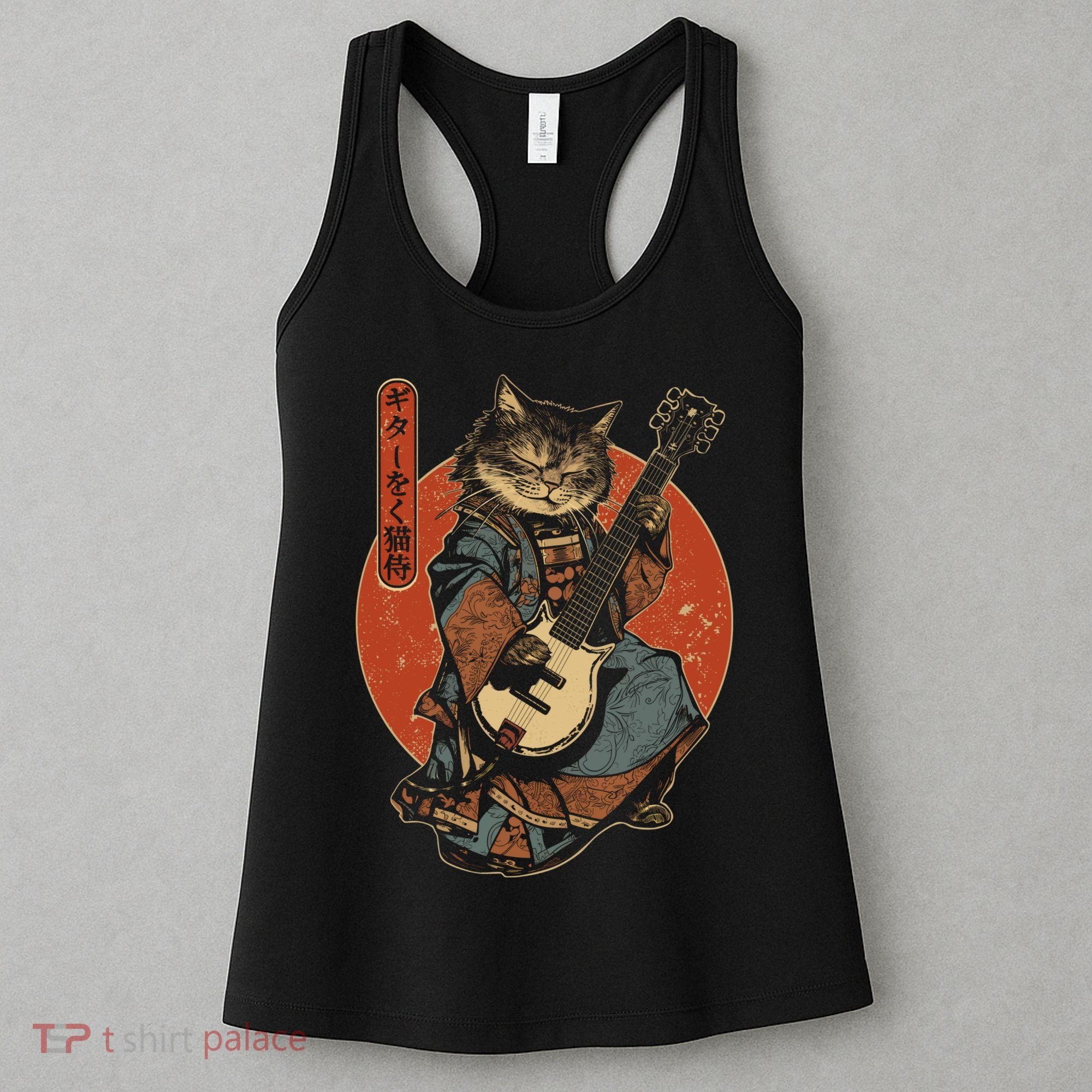 Japanese Samurai Cat Playing The Electric Guitar Japanese Samurai Guitar Players Women's Tank Top