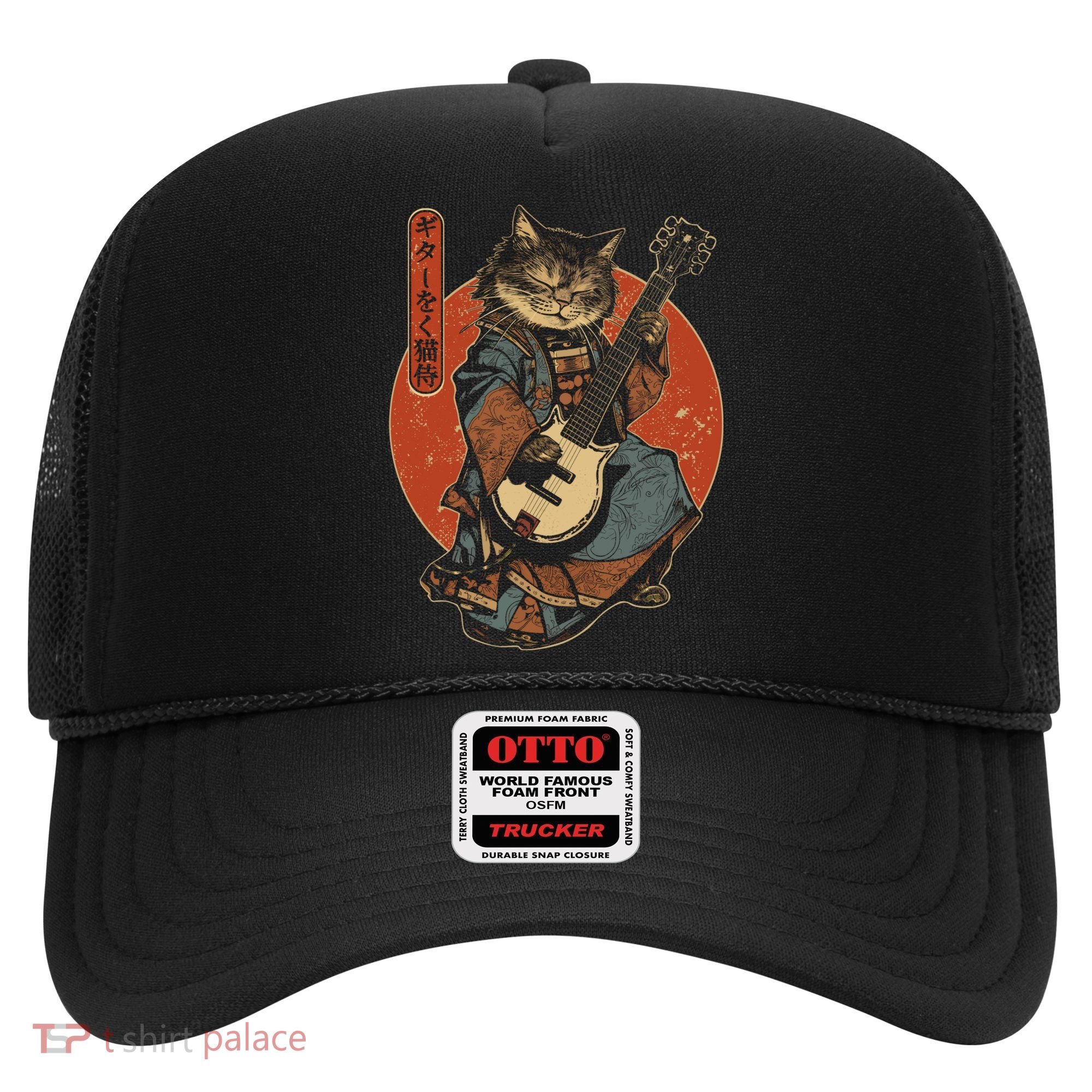 Japanese Samurai Cat Playing The Electric Guitar Japanese Samurai Guitar Players Hat