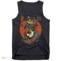 Japanese Samurai Cat Playing The Electric Guitar Japanese Samurai Guitar Players Tank Top thumb 0