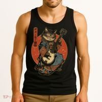 Japanese Samurai Cat Playing The Electric Guitar Japanese Samurai Guitar Players Tank Top thumb 3