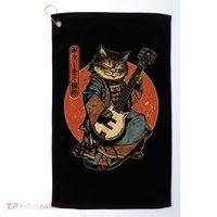 Japanese Samurai Cat Playing The Electric Guitar Japanese Samurai Guitar Players Golf Towel thumb 0