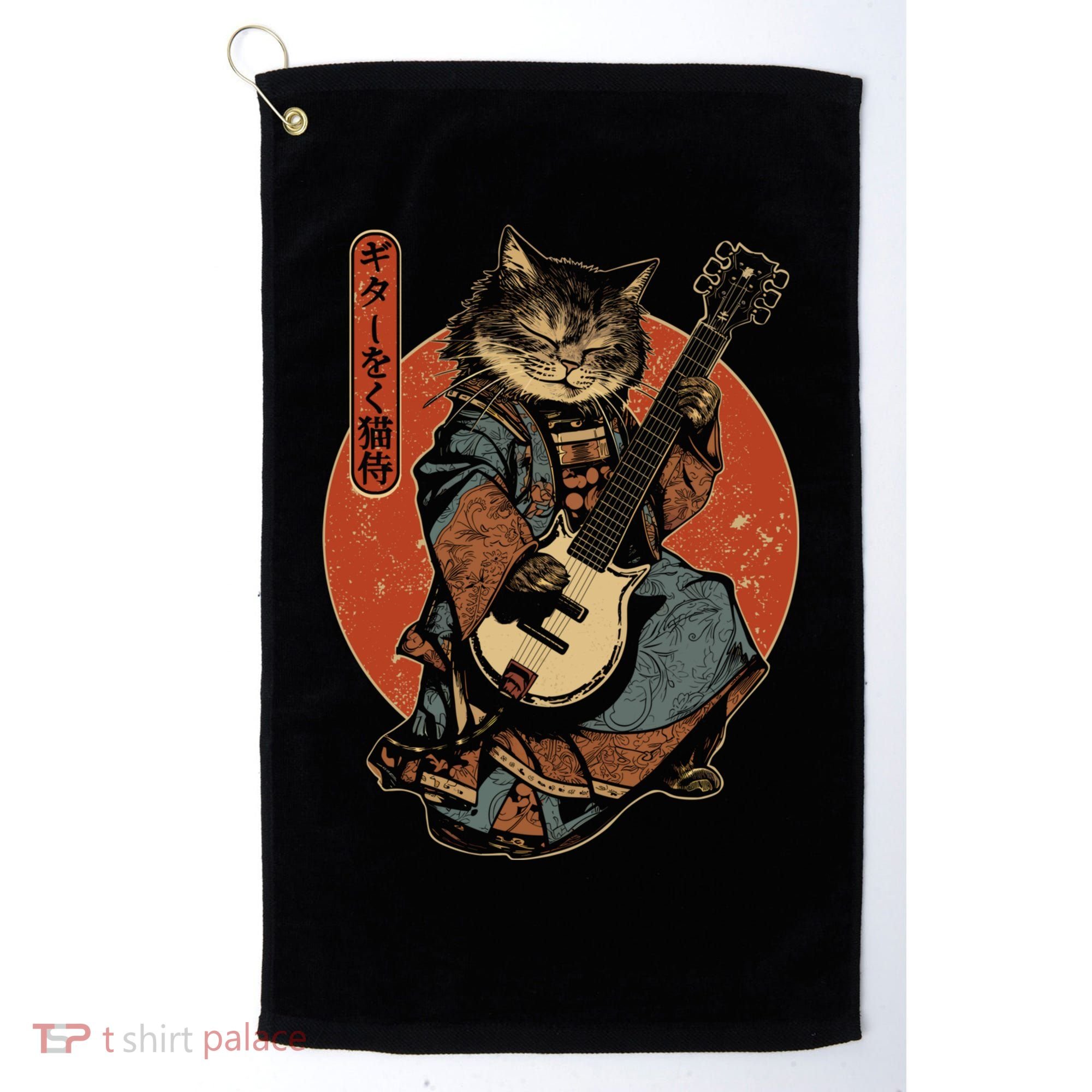 Japanese Samurai Cat Playing The Electric Guitar Japanese Samurai Guitar Players Golf Towel