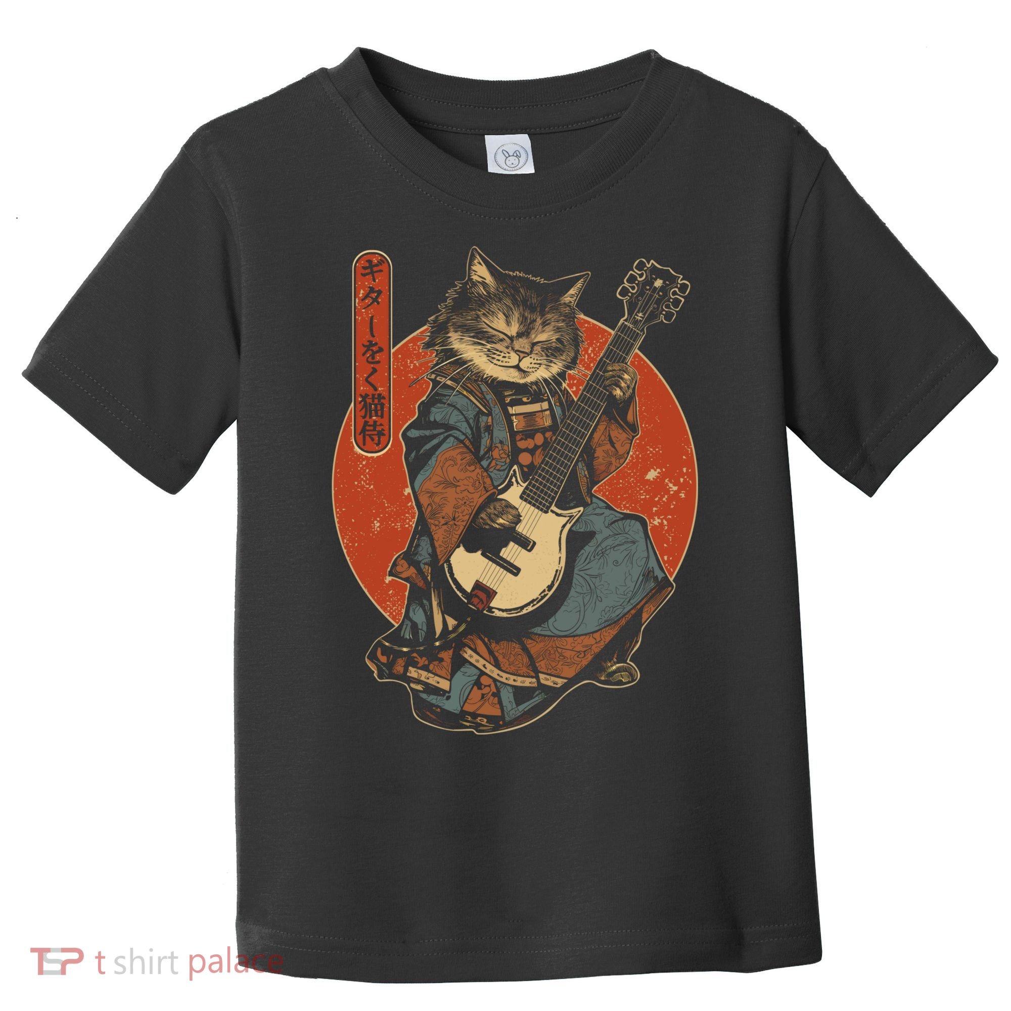 Japanese Samurai Cat Playing The Electric Guitar Japanese Samurai Guitar Players Toddler T-Shirt