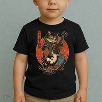 Japanese Samurai Cat Playing The Electric Guitar Japanese Samurai Guitar Players Toddler T-Shirt thumb 2