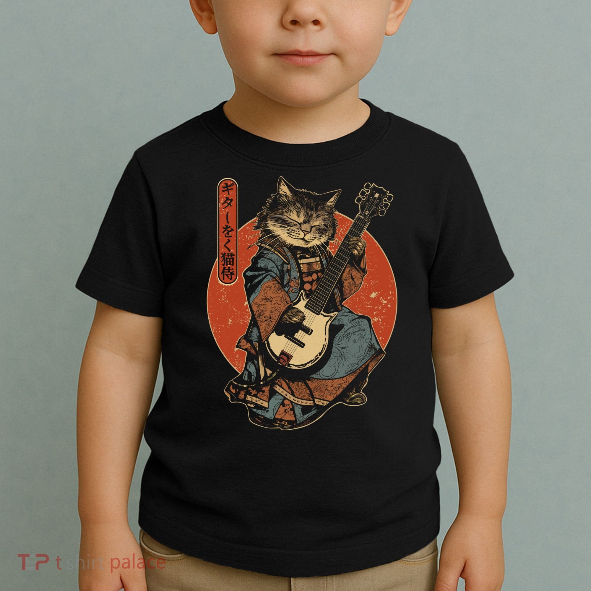 Japanese Samurai Cat Playing The Electric Guitar Japanese Samurai Guitar Players Toddler T-Shirt