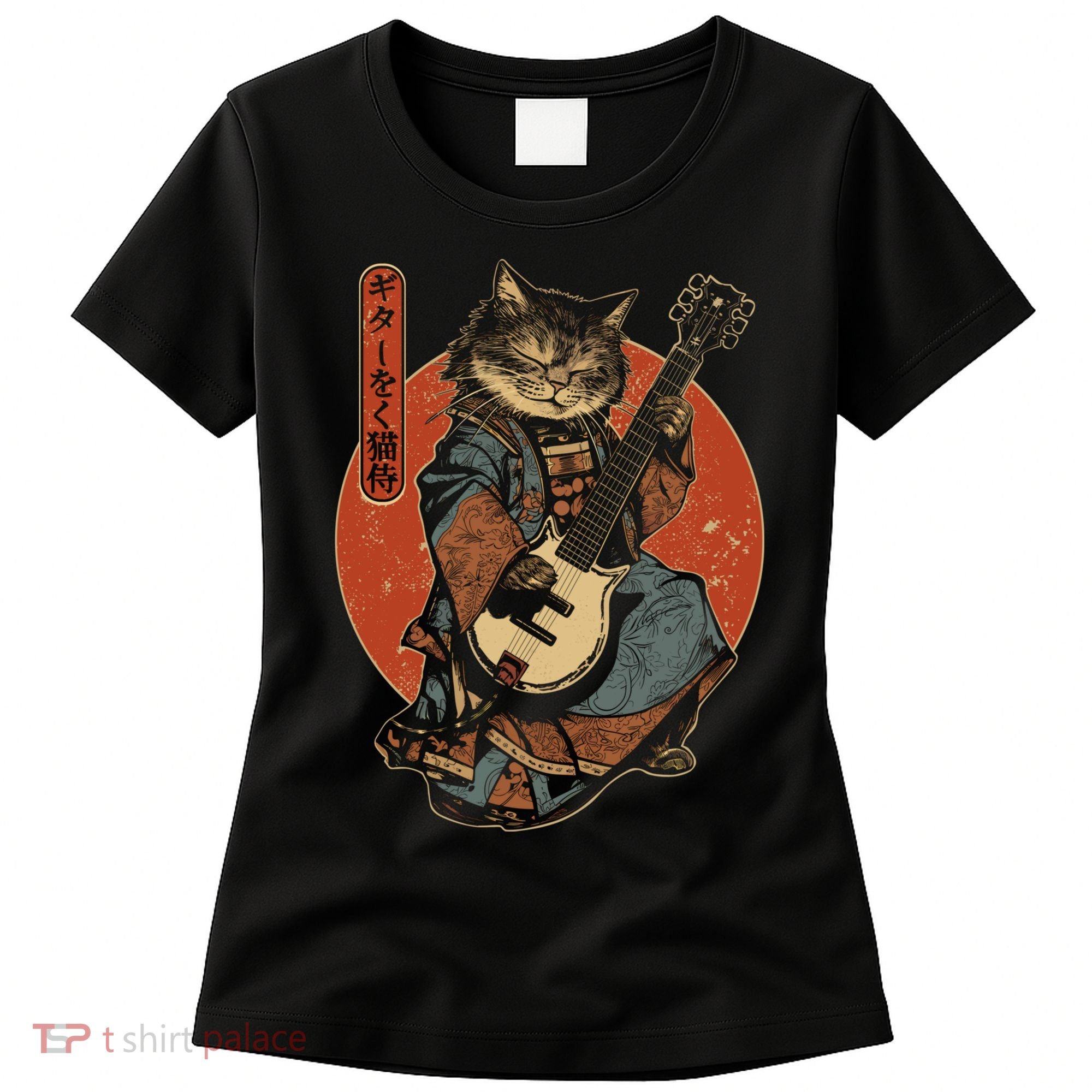 Japanese Samurai Cat Playing The Electric Guitar Japanese Samurai Guitar Players Women's T-Shirt