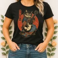 Japanese Samurai Cat Playing The Electric Guitar Japanese Samurai Guitar Players Women's T-Shirt thumb 2