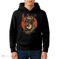 Japanese Samurai Cat Playing The Electric Guitar Japanese Samurai Guitar Players Kids Hoodie thumb 4