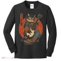 Japanese Samurai Cat Playing The Electric Guitar Japanese Samurai Guitar Players Kids Long Sleeve Shirt thumb 0