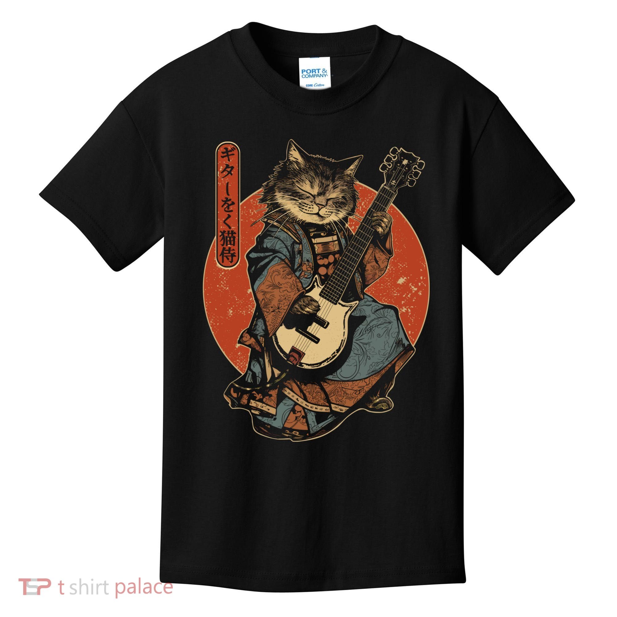 Japanese Samurai Cat Playing The Electric Guitar Japanese Samurai Guitar Players Kids T-Shirt