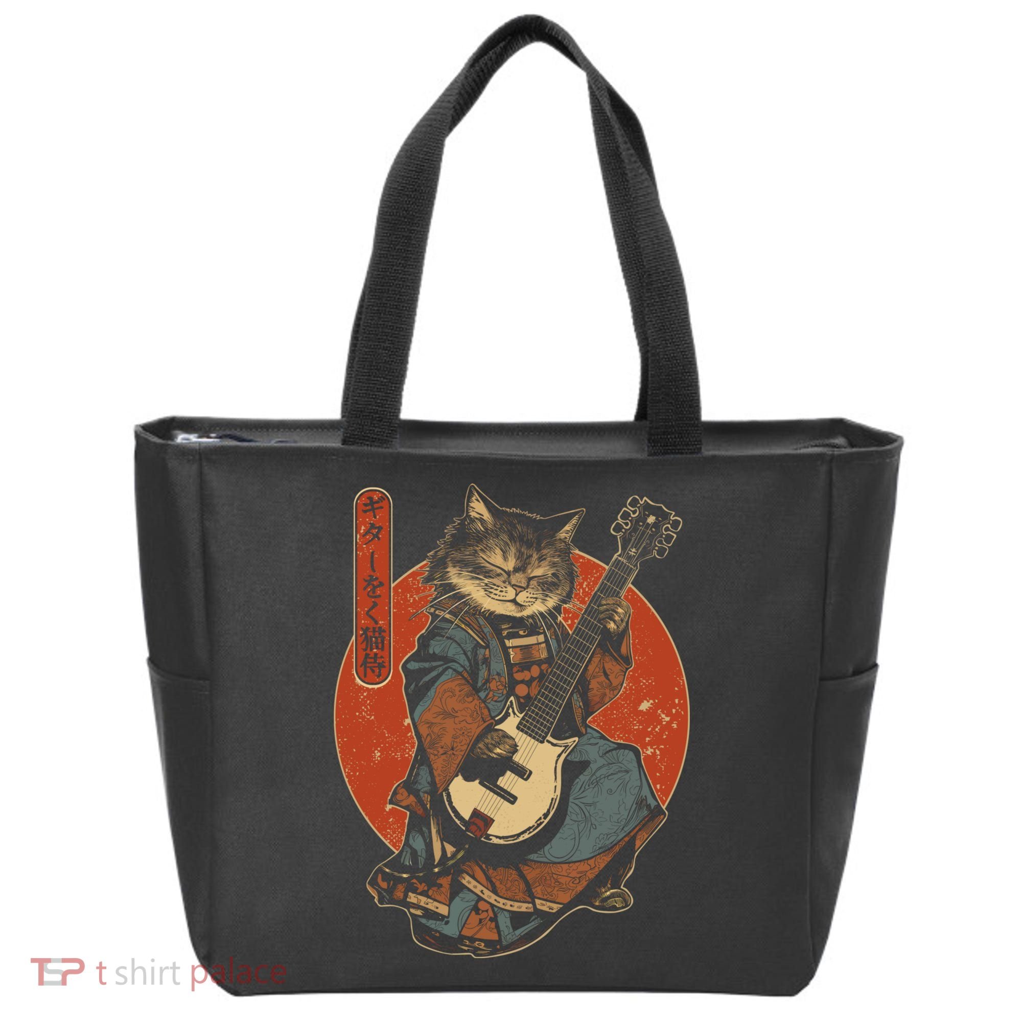 Japanese Samurai Cat Playing The Electric Guitar Japanese Samurai Guitar Players Tote Bag
