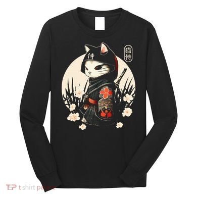 Japanese Samurai Cat Tattoo Kawaii Ninja Cat Long Sleeve Shirt
