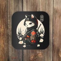 Japanese Samurai Cat Tattoo Kawaii Ninja Cat Coaster thumb 0