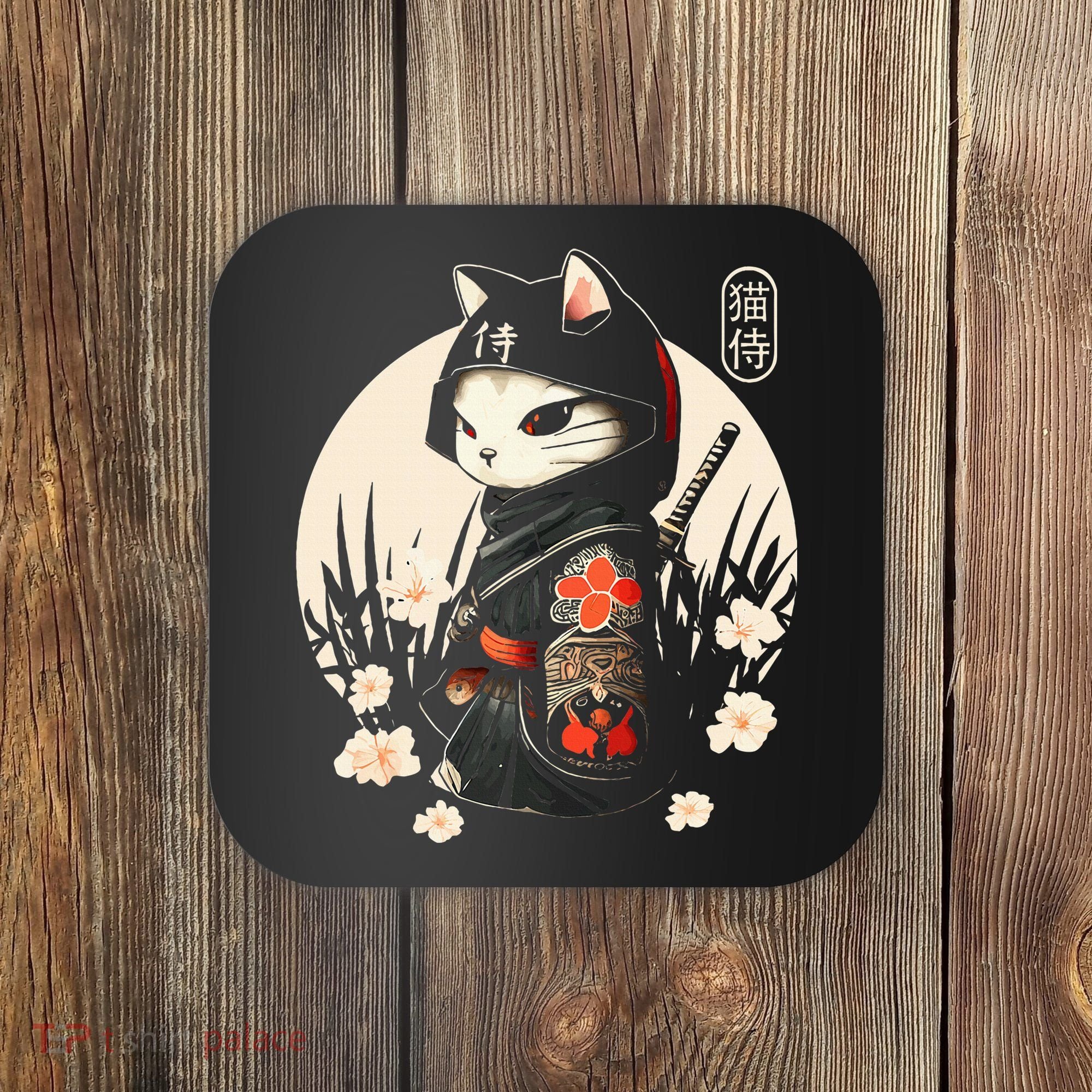 Japanese Samurai Cat Tattoo Kawaii Ninja Cat Coaster